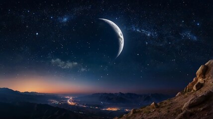 Fototapeta premium Panorama view of Night sky and moon, stars,Ramadan Kareem celebration.Serenity mountain background, outdoor