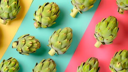 Obraz premium Fresh Artichokes on Colorful Backgrounds for Culinary Use