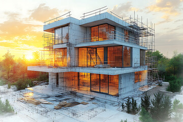 A picturesque construction site with new family houses under development at sunset, showcasing scaffolding, scattered materials, and a warm, golden-hour atmosphere