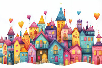 Naklejka premium The image depicts a vibrant and whimsical town with colorful, uniquely designed houses, each adorned with windows, doors, and balconies