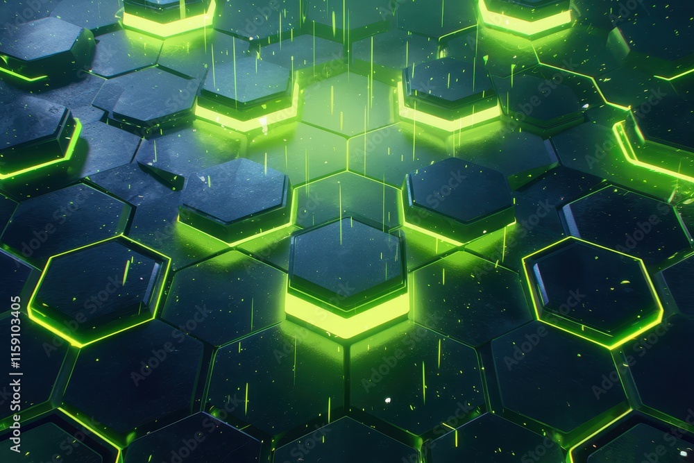 Poster a futuristic hexagonal pattern with glowing green accents and a dark background.