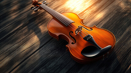 Fototapeta premium A Polished Violin on a Wooden Surface, Bathed in Warm Sunlight, A close-up of a beautifully polished violin resting on a wooden surface, illuminated by warm sunlight.