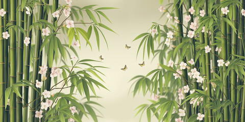 Serene Bamboo Forest Pink Blossoms Butterflies Tranquil Nature Scene