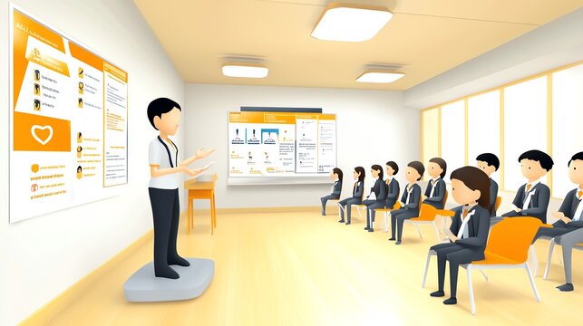 Health warning, educational classroom scene with health awareness posters, teacher explaining safety guidelines, students attentive, bright learning environment, 3D illustration