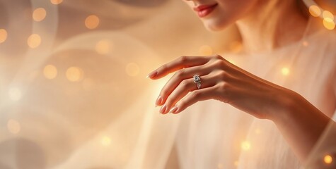 Close-up of a woman's hand adorned with jewelry, softly illuminated by bokeh lights for elegant fashion imagery
