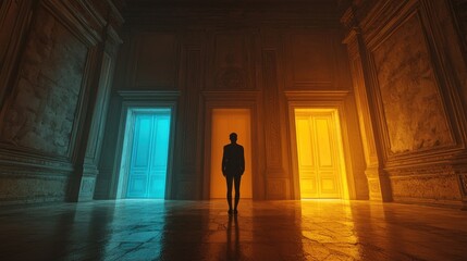Silhouetted figure facing three glowing doors in an ornate hall.