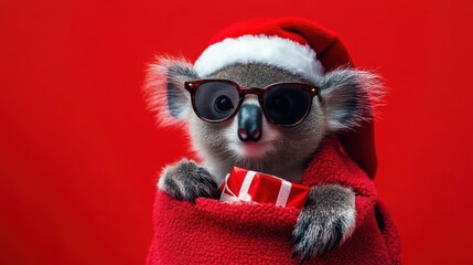 Koala in Christmas Hat and Sunglasses Holding a Gift