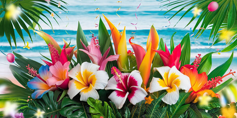 Tropical Beach Flowers Bouquet Summer Vacation Hawaii Exotic Plants Hibiscus Plumeria Ocean