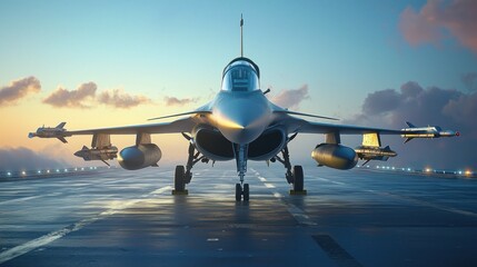 Fototapeta premium Fighter jet on runway at sunrise. (3)