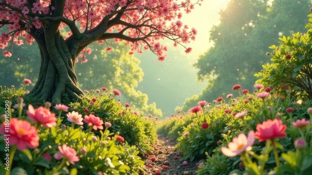 Aufkleber A scenic path leads through a field of pink flowers beneath a large flowering tree. Concept of tranquil nature path.