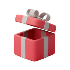 A minimalist, 3D render of a cartoon-style, open gift box. The box is red and has a white ribbon tied around it. The image is isolated on a transparent background.