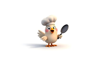 Obraz premium Cute Chef Chick Cartoon Holding Frying Pan White Background