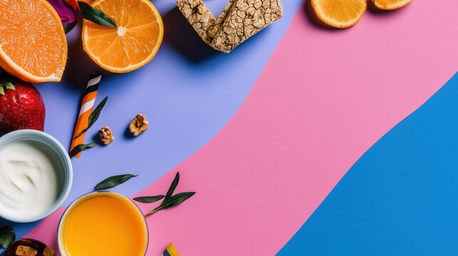 Colorful abstract design highlights fruits and snacks for National Nutrition Month and nutrition awareness