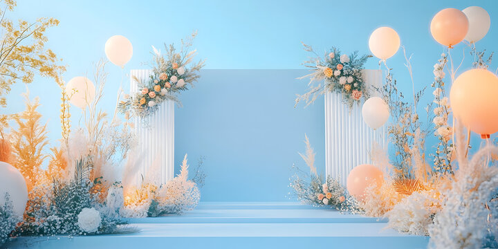 Whimsical Floral Balloon Celebration Backdrop, Pastel Tone Event Stage Decor, Dreamy Celebration Background, Enchanting Party Scene
