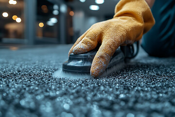 A professional cleaner using a modern steam cleaning machine on a gray carpet in a stylish home, showcasing expertise and efficiency