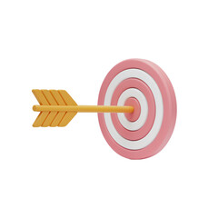 A 3D render of a minimalist cartoon-style design with a yellow arrow pointing towards a pink target. The arrow and target are isolated on a transparent background. The arrow has a thin white outline