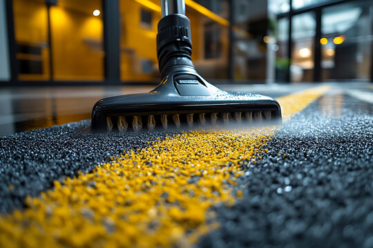 A professional cleaner using a modern steam cleaning machine on a gray carpet in a stylish home, showcasing expertise and efficiency