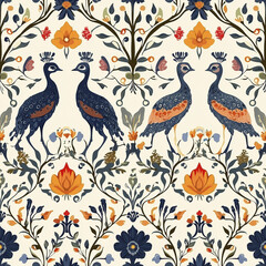 Floral pattern featuring two peacocks surrounded by leaves and flowers in vibrant colors on a cream background.