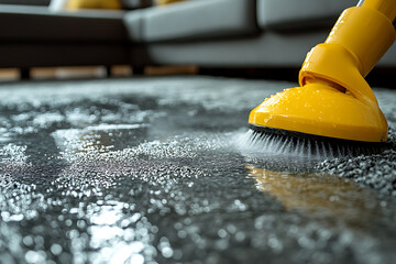 A professional cleaner using a modern steam cleaning machine on a gray carpet in a stylish home, showcasing expertise and efficiency