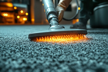 A professional cleaner using a modern steam cleaning machine on a gray carpet in a stylish home, showcasing expertise and efficiency