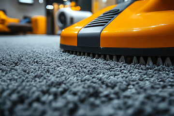 A professional cleaner using a modern steam cleaning machine on a gray carpet in a stylish home, showcasing expertise and efficiency