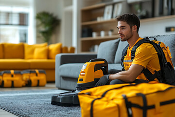 A professional cleaner using a modern steam cleaning machine on a gray carpet in a stylish home, showcasing expertise and efficiency