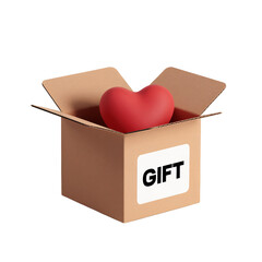 A minimalist 3D render of a cartoon-style open cardboard box, isolated on a white background. The box has a brown texture and is placed on a transparent surface. 