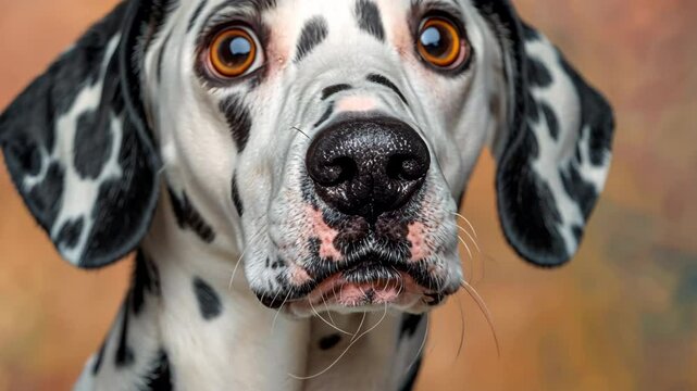 A high resolution digital image showcasing a black and white spotted dalmatian dog in a professional studio setting, his large round eyes wide with surprise as he gazes directly into the camera lens