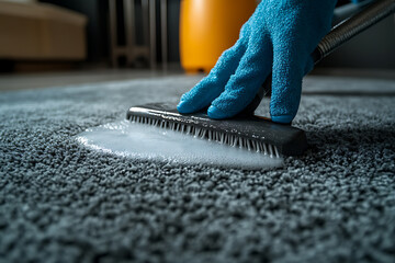 A professional cleaner using a modern steam cleaning machine on a gray carpet in a stylish home, showcasing expertise and efficiency