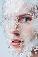 Melting ice textures sculpting a person face, blending nature and beauty in a surreal artistry moment