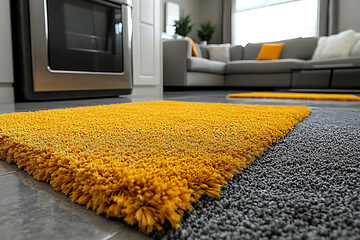 A professional cleaner using a modern steam cleaning machine on a gray carpet in a stylish home, showcasing expertise and efficiency