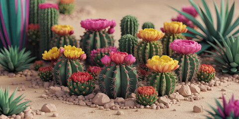 Vibrant Blooming Desert Cactus Garden Colorful Succulents Arid Plants