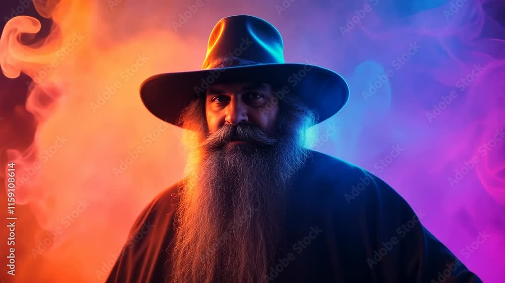 Poster mystical figure illuminated by vibrant colors in an enchanting atmosphere. a mysterious man with a l