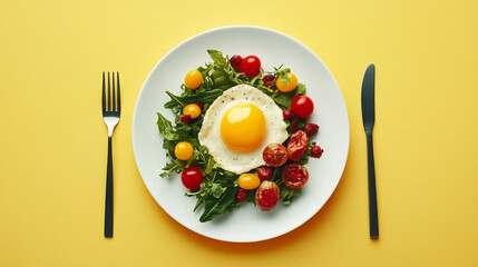 Fresh salad with fried egg and colorful tomatoes on yellow background. 