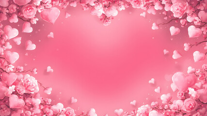 Pink Blossom Hearts: A romantic Valentine's Day background featuring a delicate frame of pink cherry blossoms and hearts, perfect for wedding invitations, romantic cards, and more.