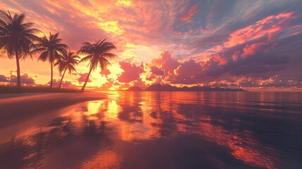 Vibrant sunset over tropical beach with palm trees and ocean reflection.