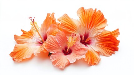 Fototapeta premium A detailed photograph of a bunch of orange hibiscus flowers with glossy petals, isolated white background, modern art style