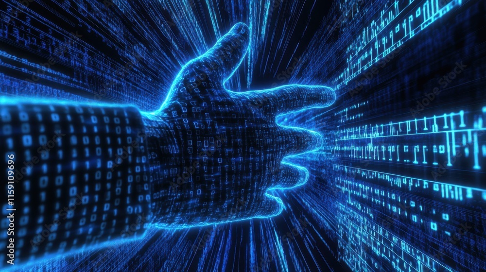 Poster futuristic hand reaching through digital data stream with binary code