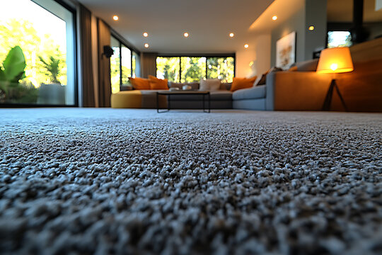 A professional cleaner using a modern steam cleaning machine on a gray carpet in a stylish home, showcasing expertise and efficiency
