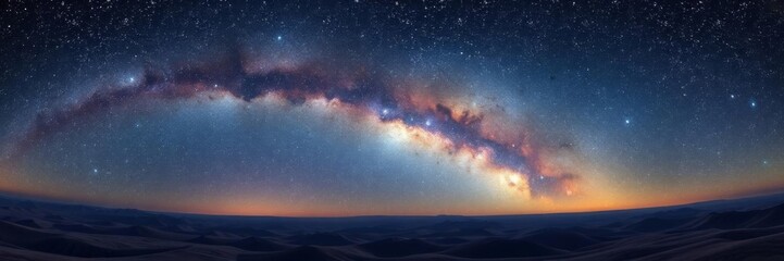 Fototapeta premium Vibrant 360 degree panoramic night sky with milky way galaxy and colorful galaxy plane, digital 3D rendering, milky way, computer-generated, panoramic