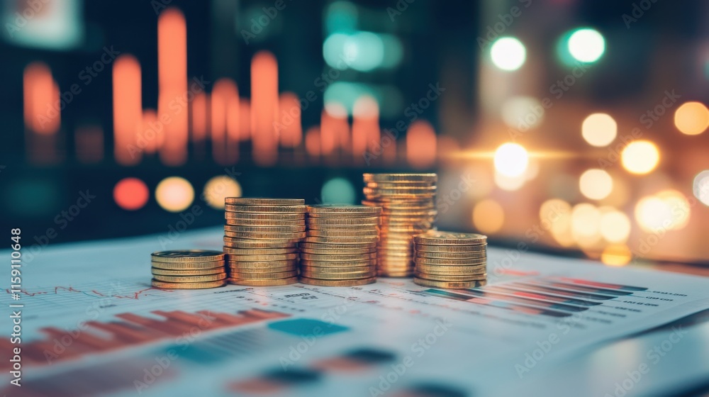 Poster stacked coins on financial reports with data graphs and lights