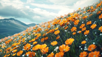 Fototapeta premium Orange wildflowers blooming on a mountainside.
