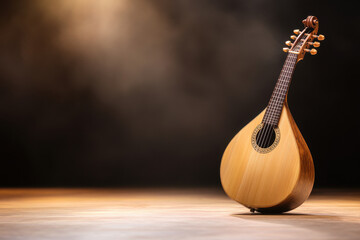 Mandolin on stage with dramatic lighting and smoky background