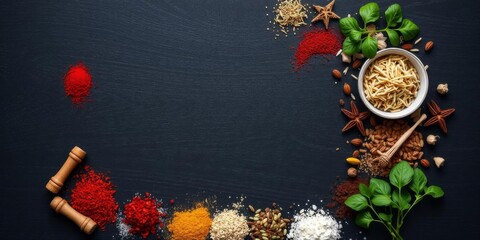 Various spices and culinary ingredients neatly arranged in a frame on a dark wooden surface, ideal for food and cooking visuals, flavorings, ingredients, frame