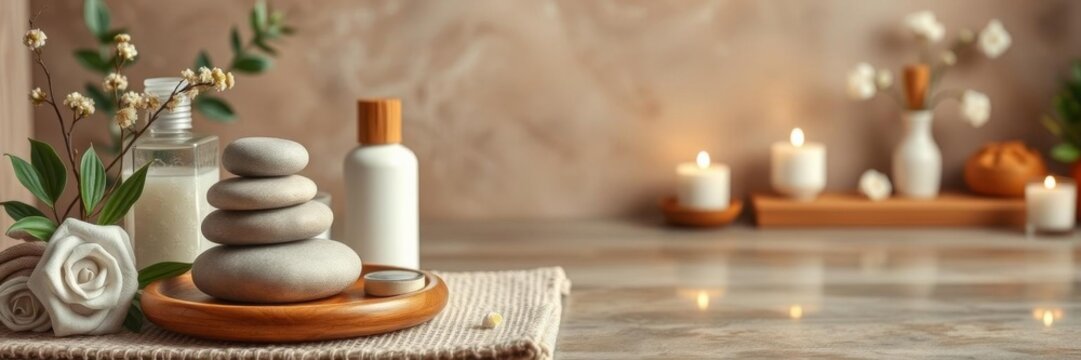 Various spa related objects including towels, lotions, candles, stones, and brushes on a gray background top view, zen, wellness, massage
