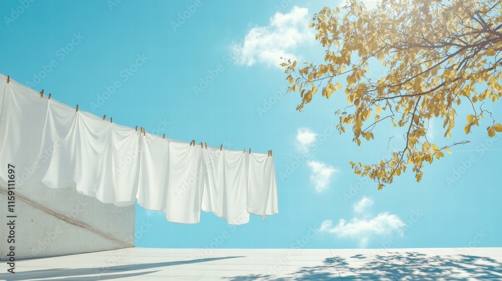Leinwandbilder bright white clothes hang on a clothesline under a sunny sky with fluffy clouds and gentle leaves sw