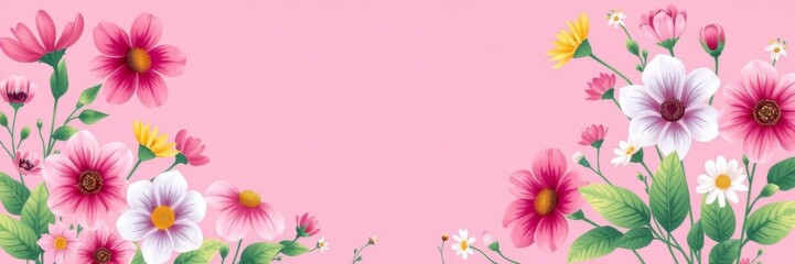 Various colorful flowers creating a frame with a central pink copy space, beauty, colorful, frame