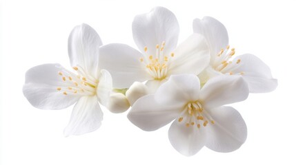 A detailed photograph of a cluster of white jasmine flowers with delicate petals, isolated white background, naturalistic art style