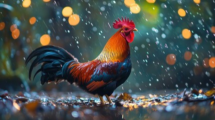 Fototapeta premium Vibrant rooster in rain, bokeh background.