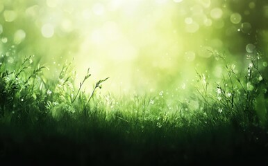 Obraz premium Lush Green Meadow with Soft Sunlight and Sparkling Bokeh Effect, Capturing the Tranquil Beauty of Nature in a Serene Outdoor Setting